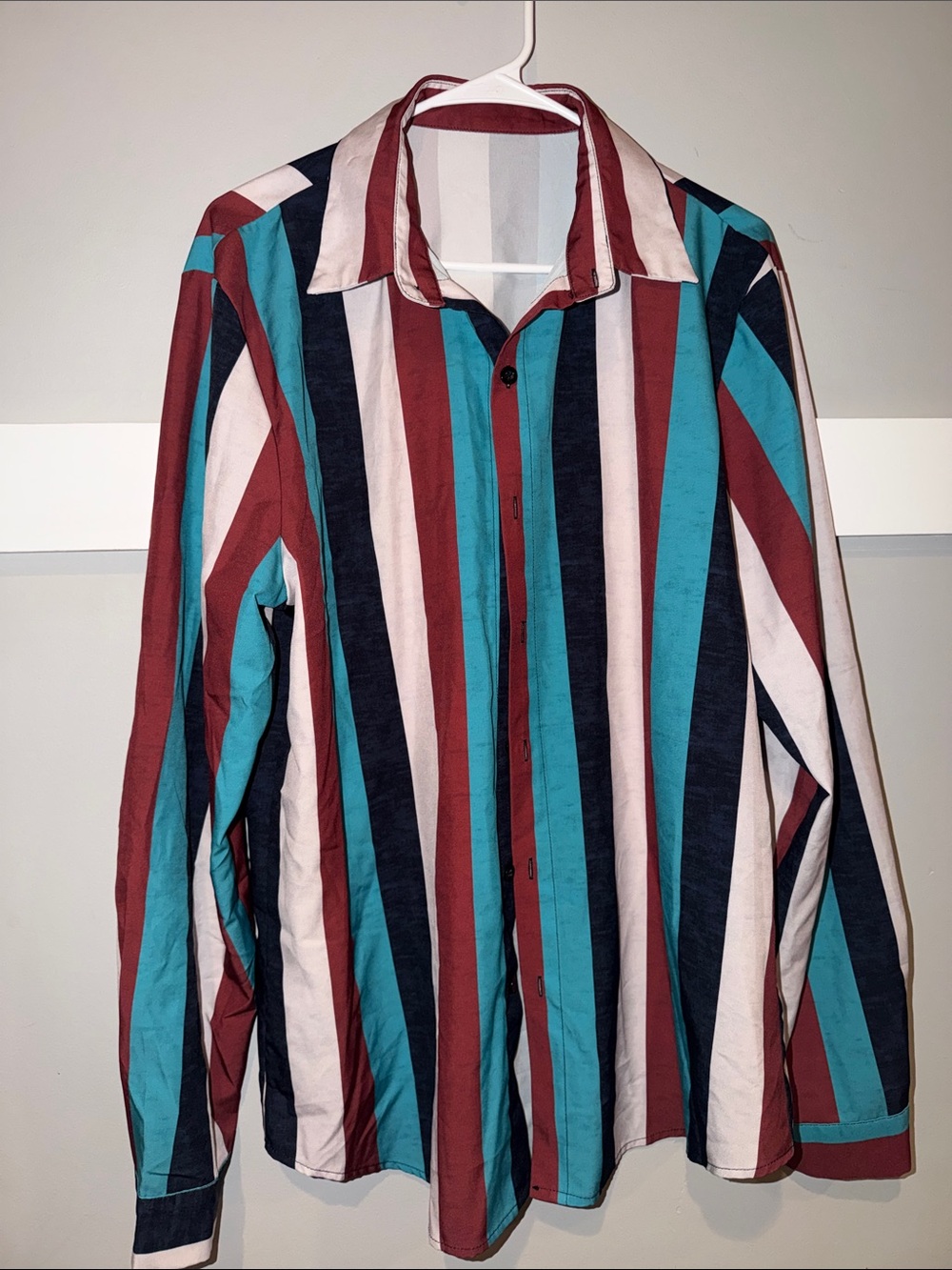 Western Striped Long-Sleeve Button-Up Shirt in Teal, Burgundy, Navy & Cream